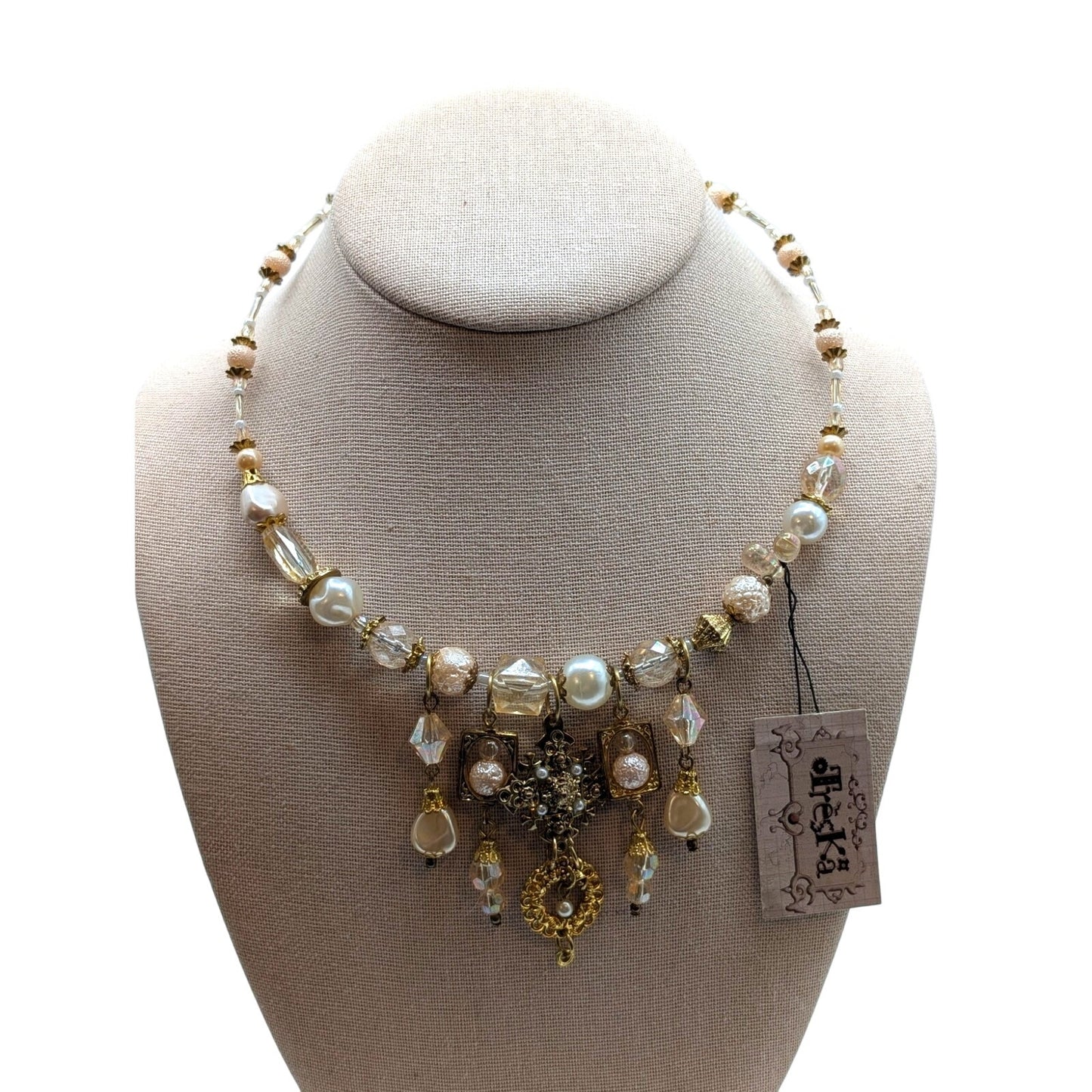 Treska Pearl Dangle Gold Tone Bead Wire Wrap Choker Necklace NWT
