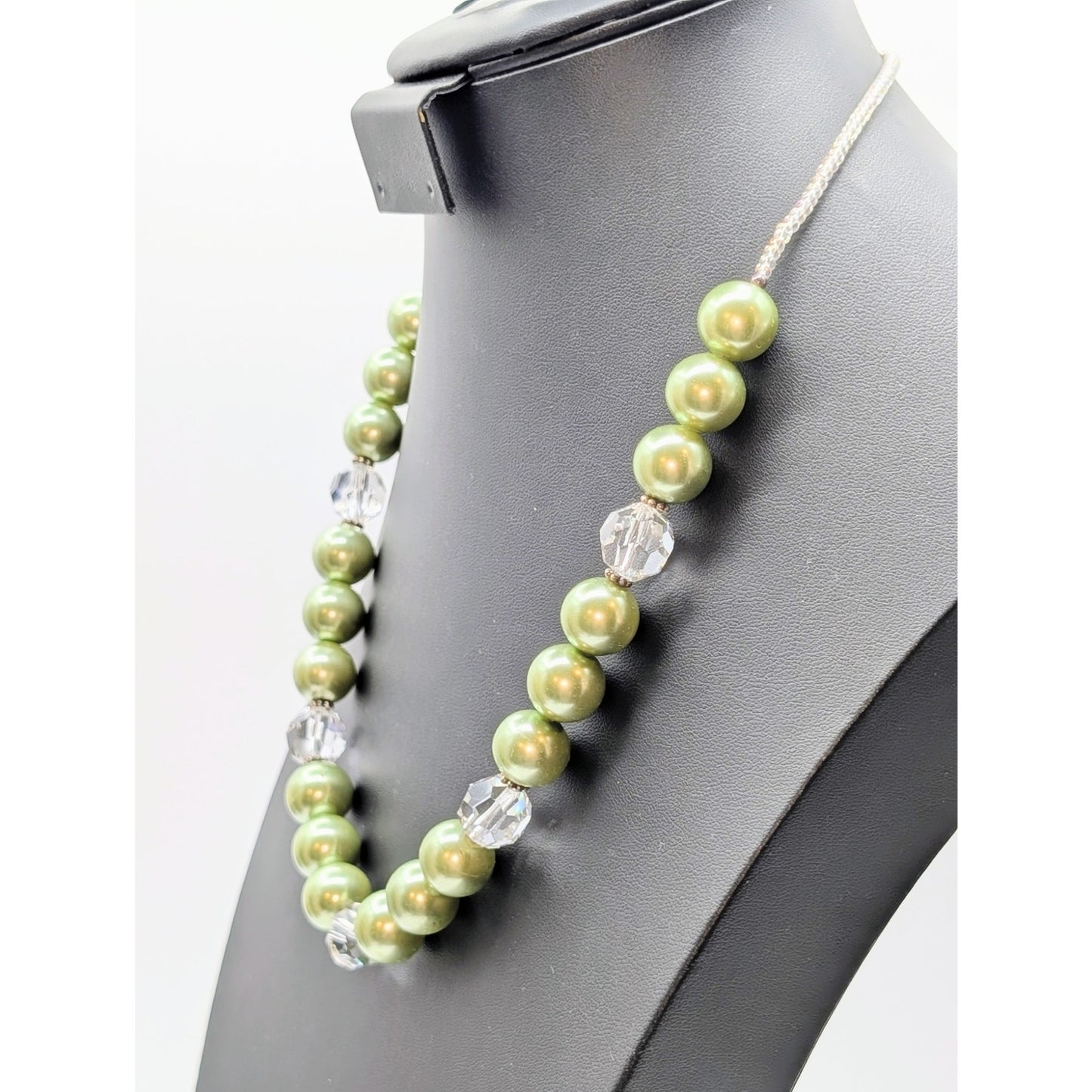 925 Sterling Silver Large Green Faux Pearl Glass Crystal Bead Necklace