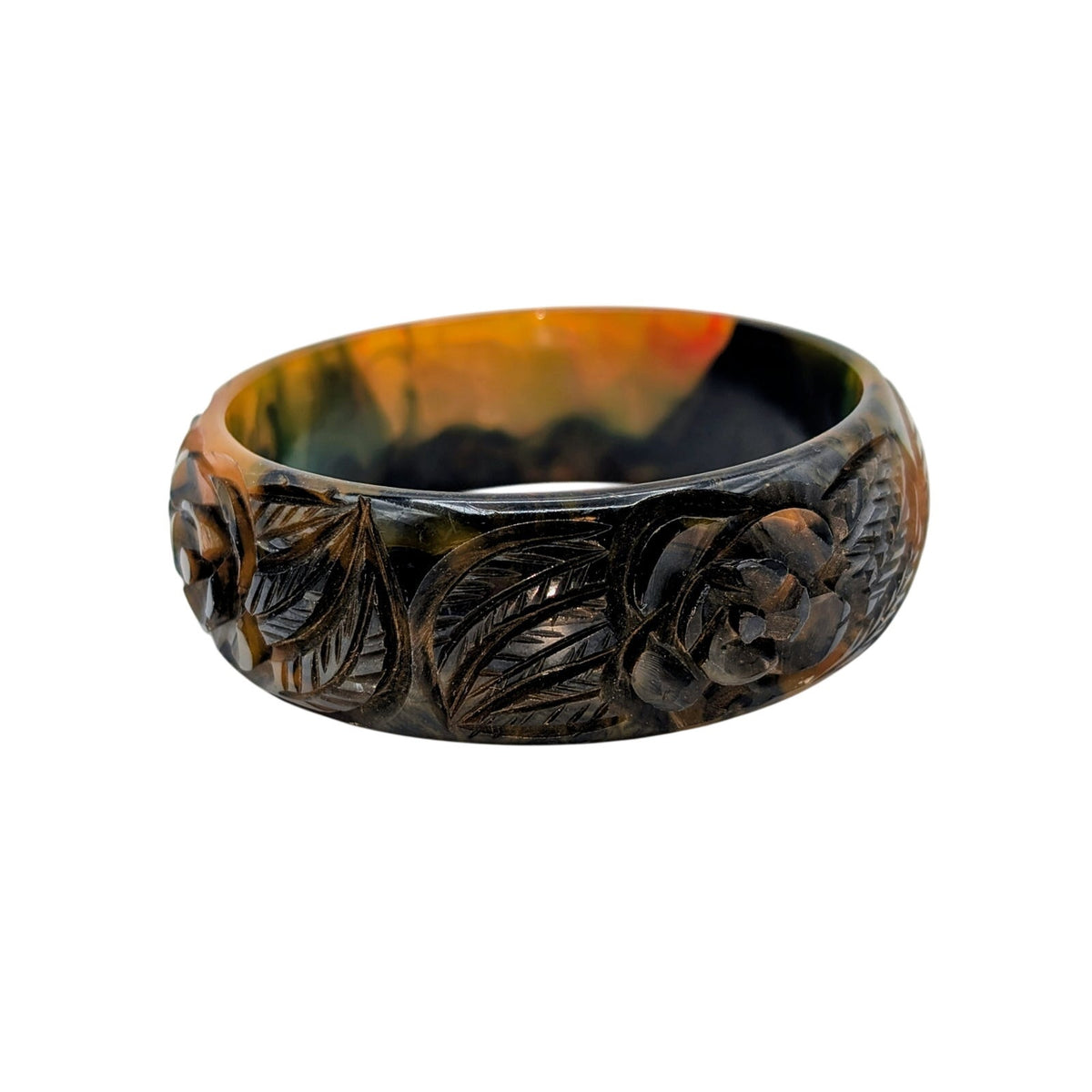 Rare 1930s Carved Roses Translucent End of Day Bakelite Bangle Bracelet