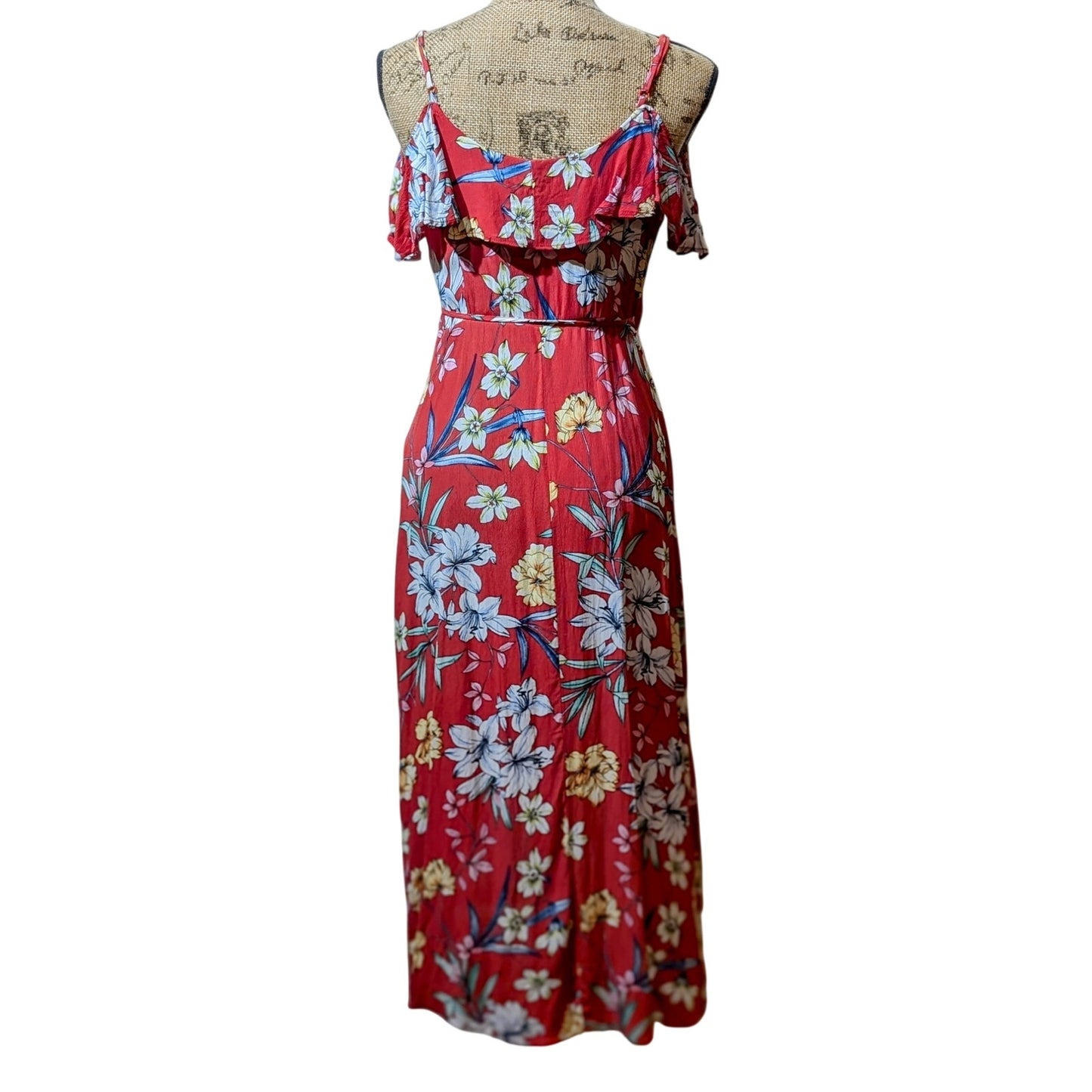 Bershka Red Floral Ruffle Cold Shoulder Wrap Dress Womens Sz M Runs Small