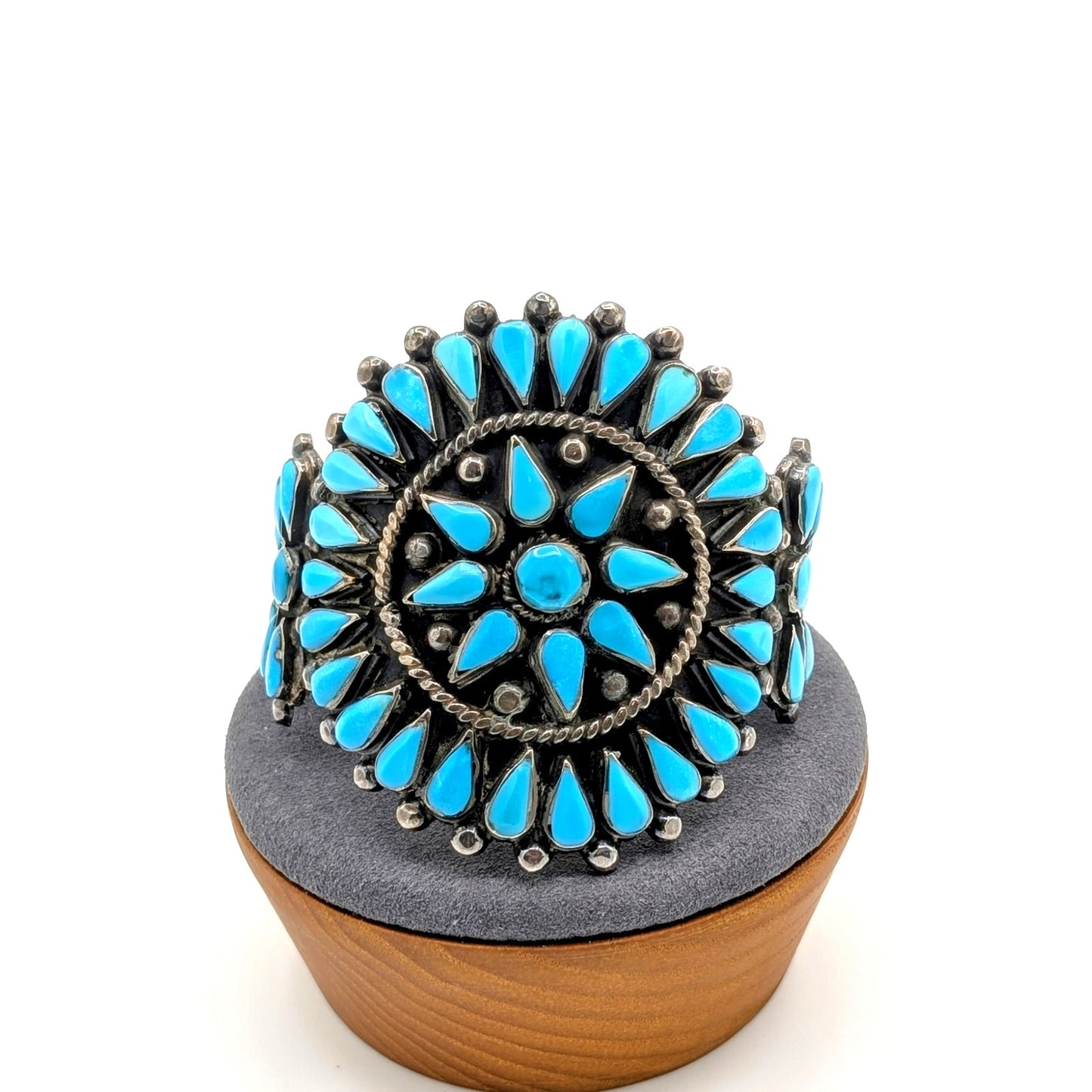 VTG Native ZUNI Sterling Silver TURQUOISE Flower Blossom Cuff Bracelet 92.34g