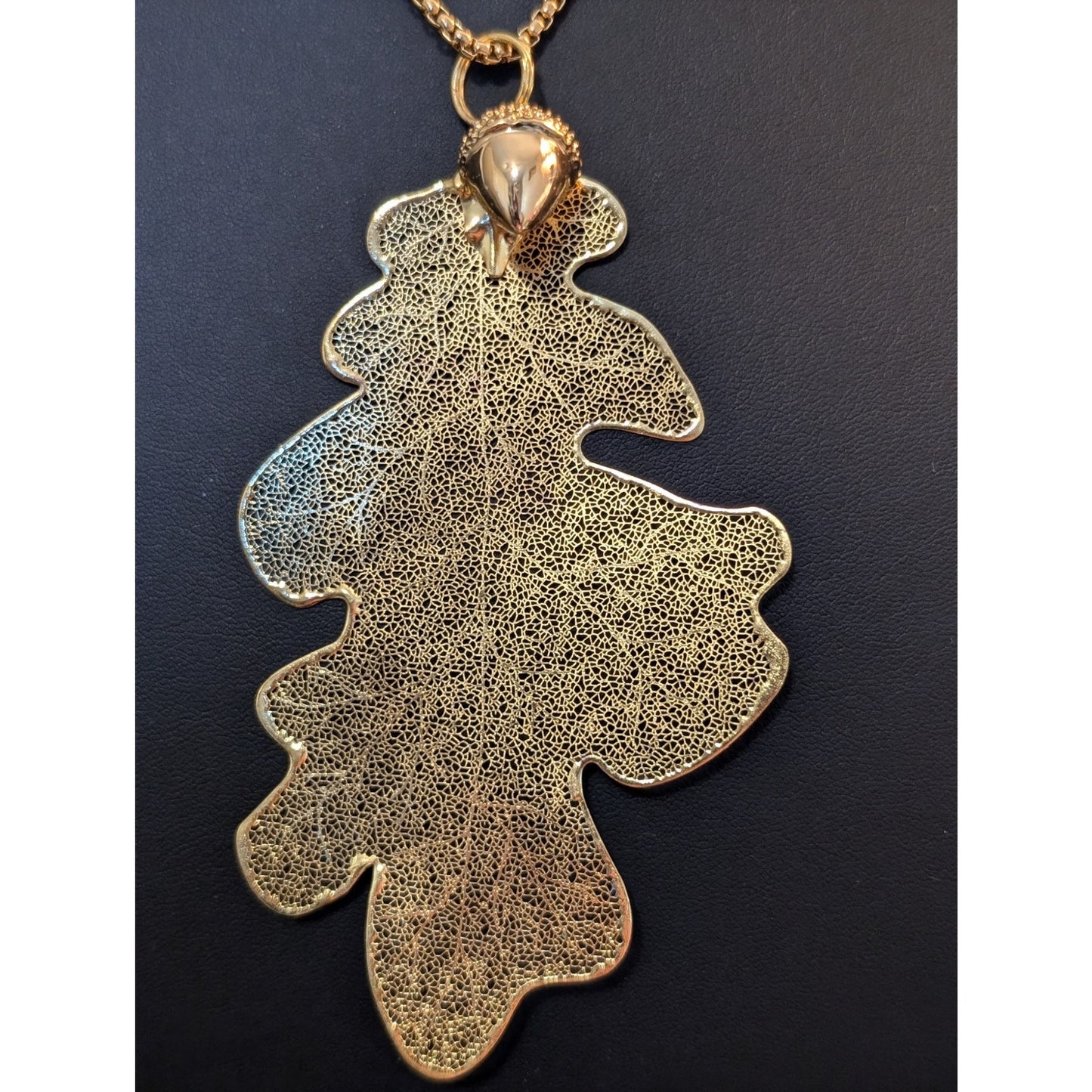 Gold Tone Genuine Leaf Pendant W/ Acorn Charm on Sturdy 22" Gold Tone Chain