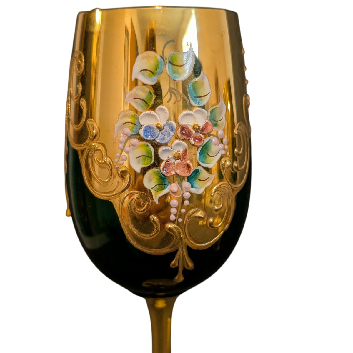 Vintage 50s Green Stem Wine Goblet Tre Fuochi Murano Italy Venetian Heavy Gilt