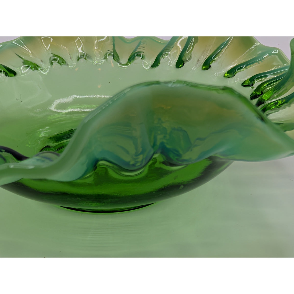 Vintage Green Opalescent Ruffled Edge Fenton Art Glass Bowl -- Read Description