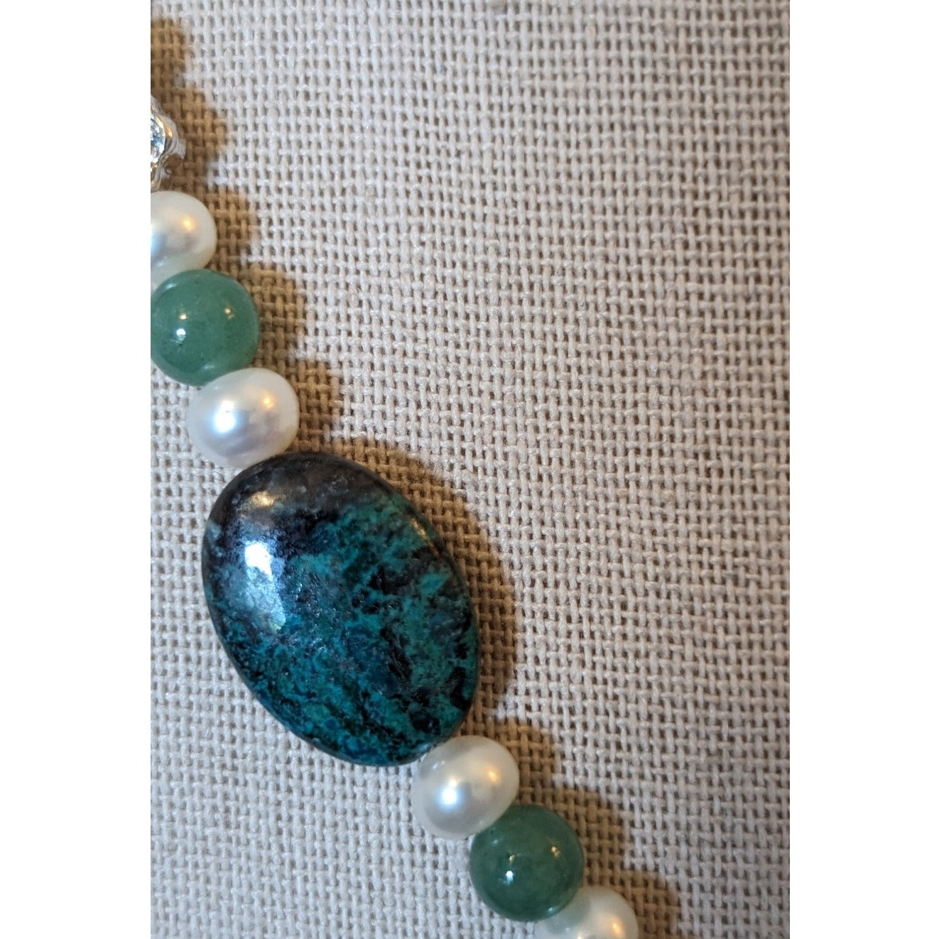 Crysocolla, Nephrite and Pearl Beaded Necklace W/ Magnetic Clasp Closure
