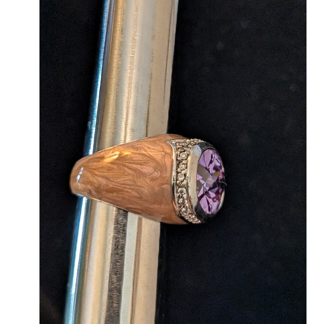Signed LGA 925 Enamel Faceted Purple Crystal Center Stone Cocktail Ring Sz. 6
