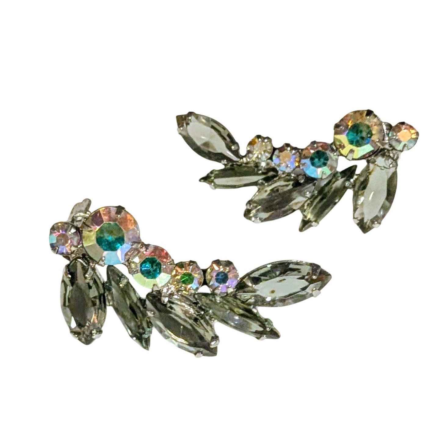 VTG Julianna Smoky Gray Marquis & Round Aurora Borealis Rhinestone Clip Earrings