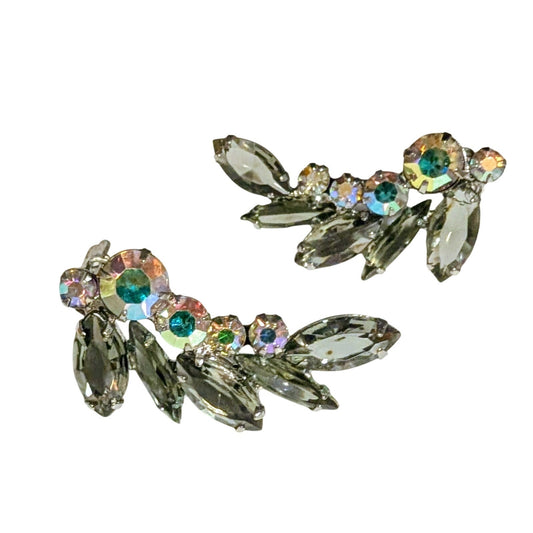 VTG Julianna Smoky Gray Marquis & Round Aurora Borealis Rhinestone Clip Earrings