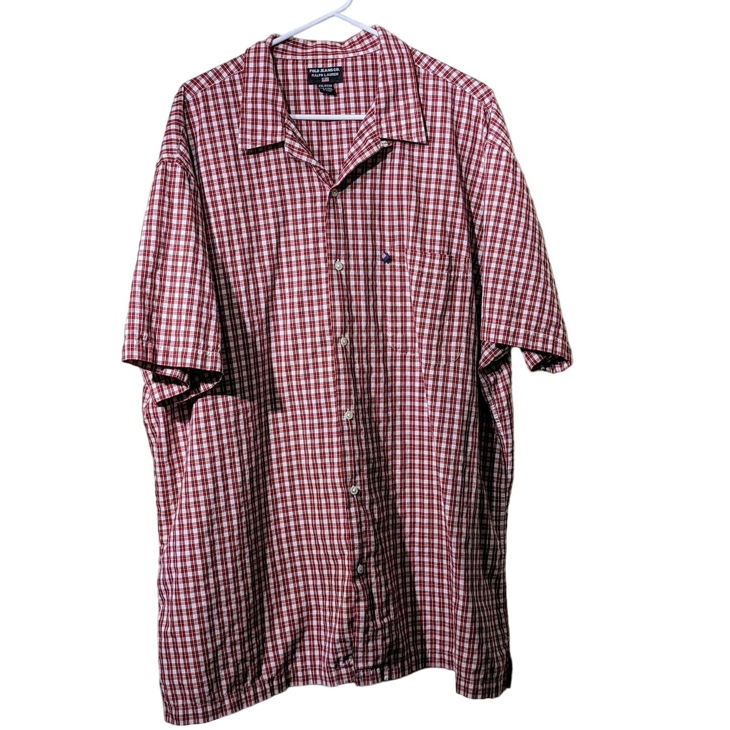 Polo Jeans Co. Ralph Lauren Red White Blue Plaid Pocket Camp Shirt Mens XXL