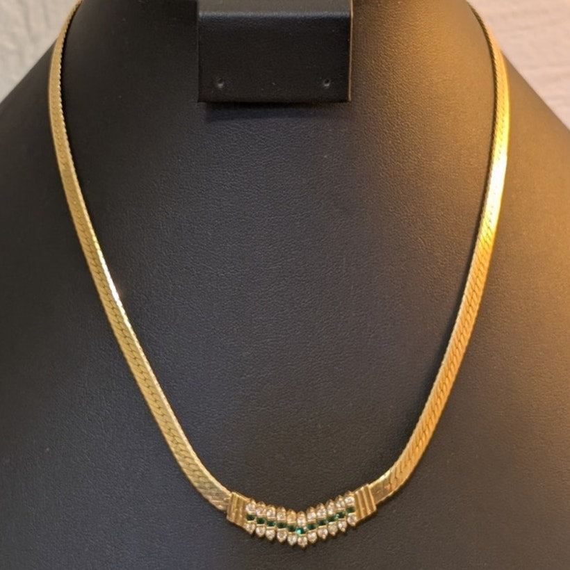 Vintage Gold Tone Herringbone Green Rhinestone 'V' Necklace Foldover Clasp