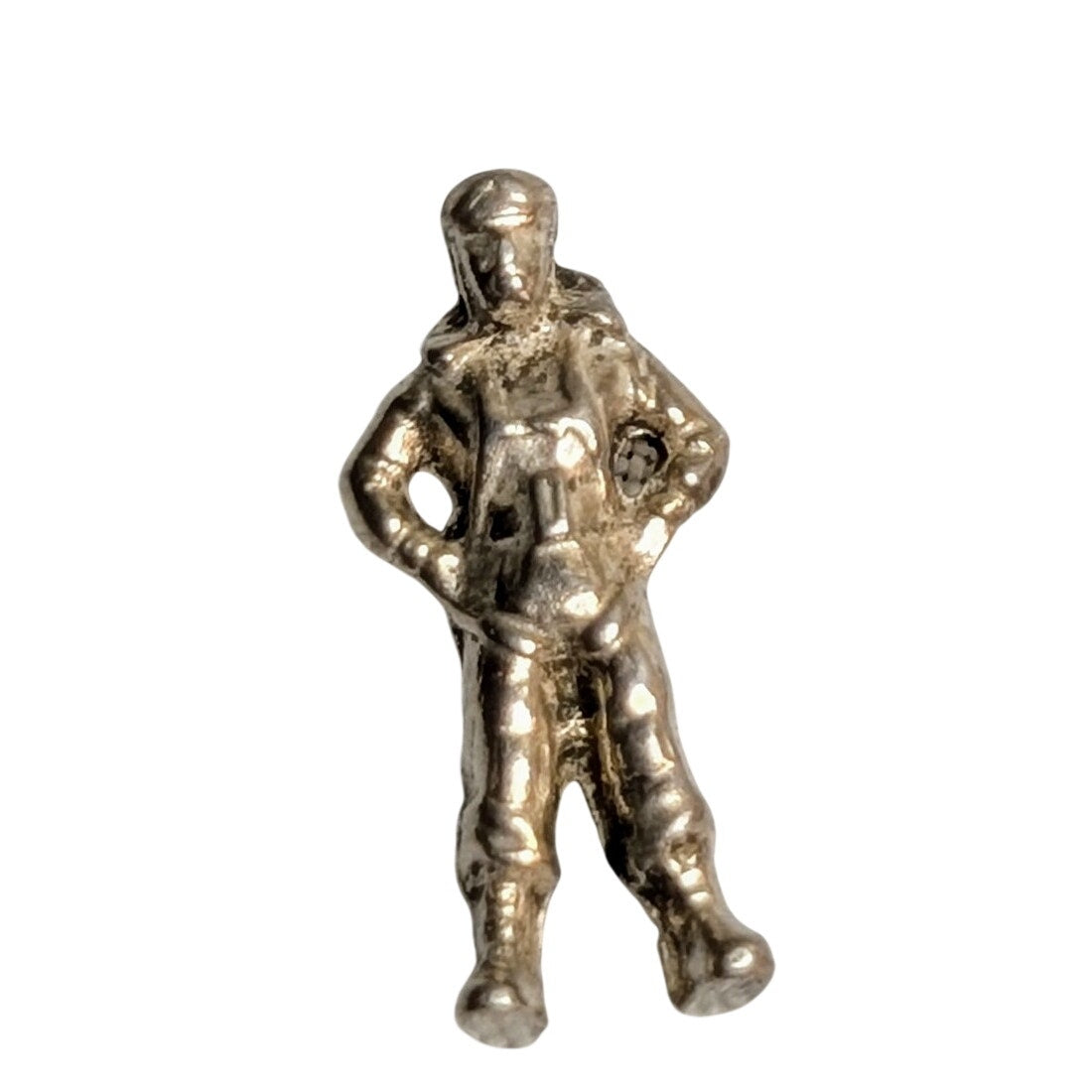 Vintage Tiny Silver Tone Man W/ Hands on Hips Possibly Astronaut Charm