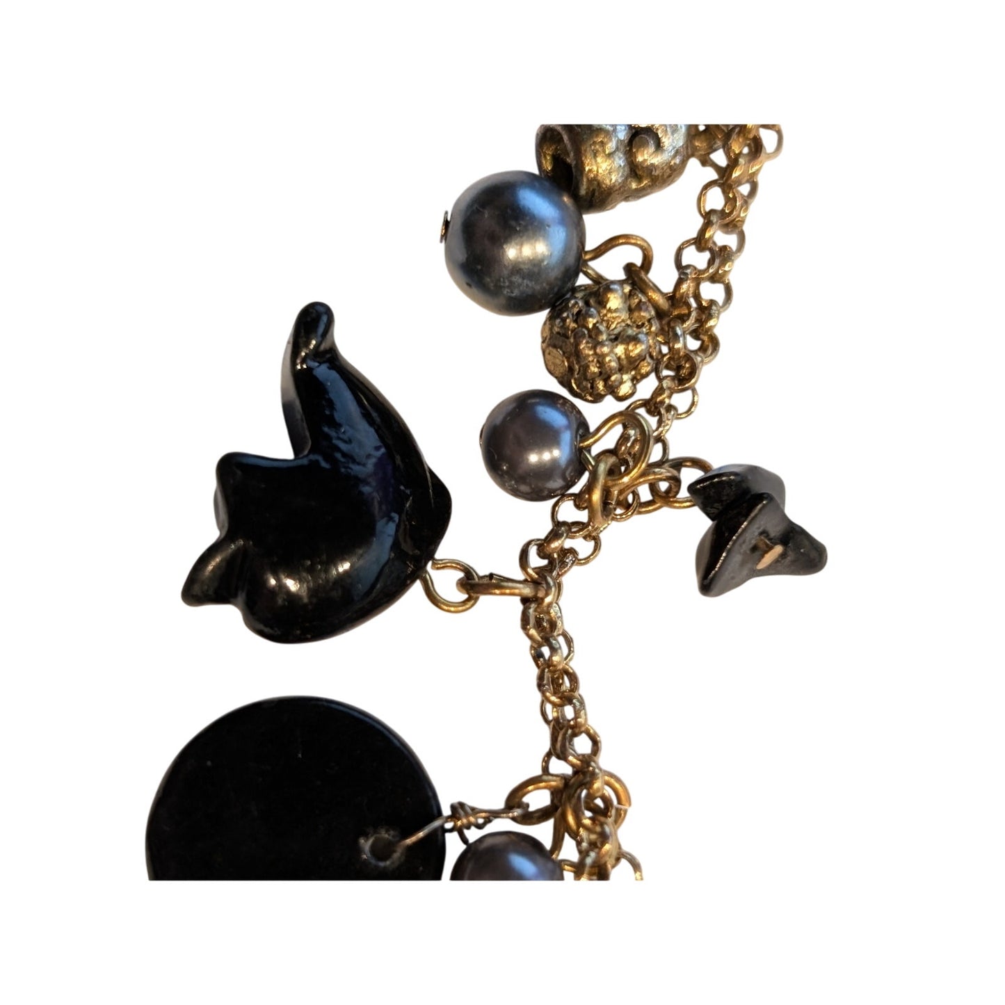 Vintage Antique Gold Tone Carved Glass Animal Gray Pearl Charm Toggle Bracelet