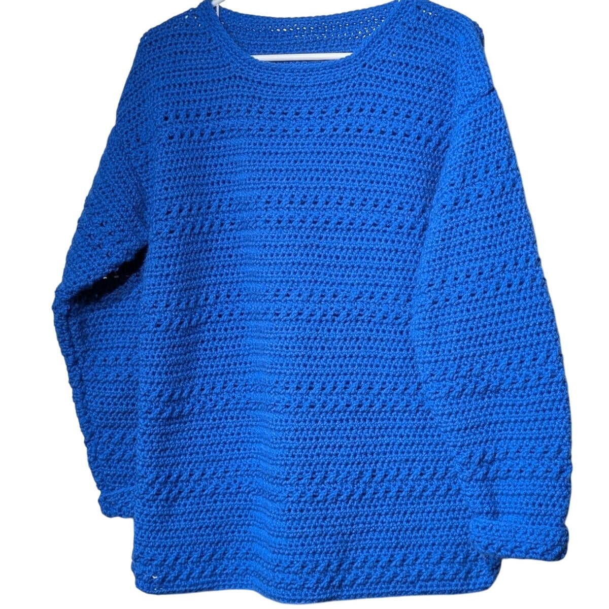 Hand Made Crocheted Loose Knit Nautical Blue Crew Neck Sweater Size Approx. L