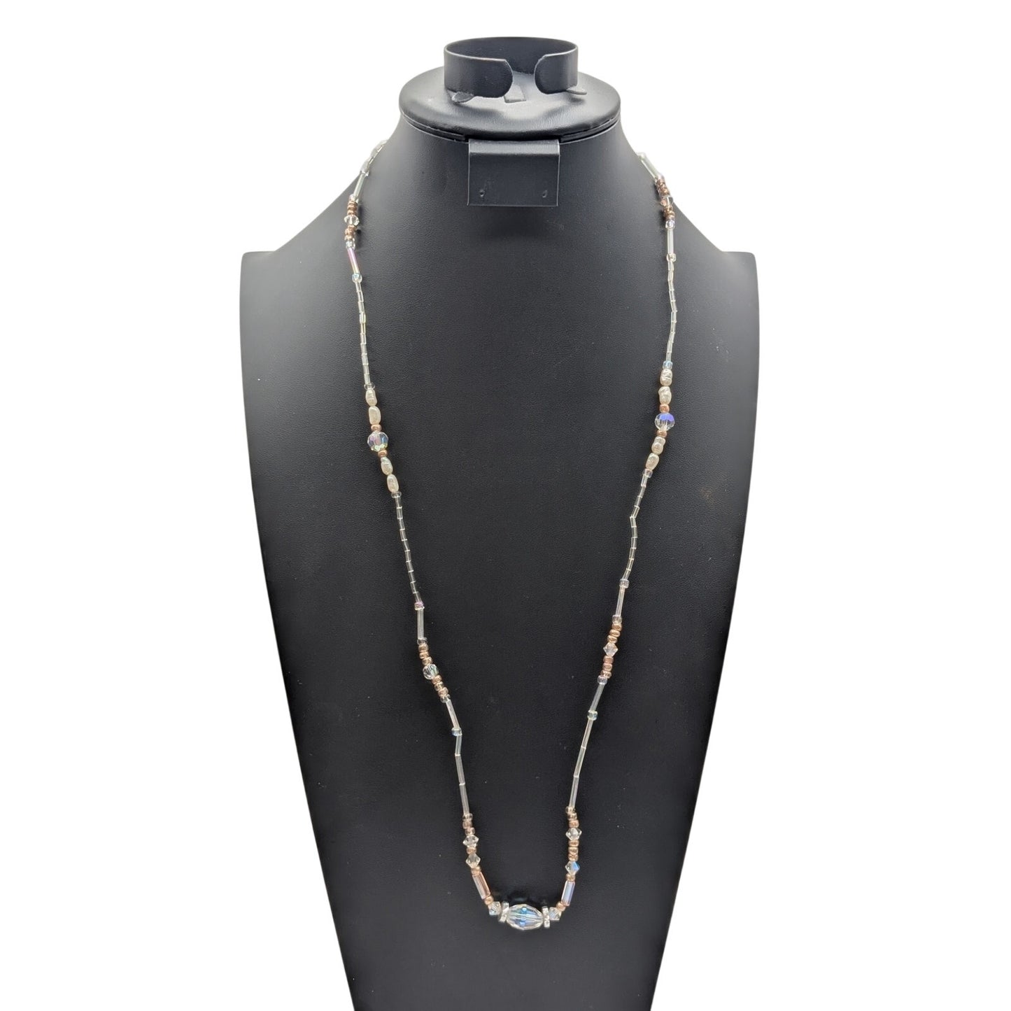 Vintage Crystal Rod Bead Freshwater Pearl Hook/Slide In Clasp 32" Necklace