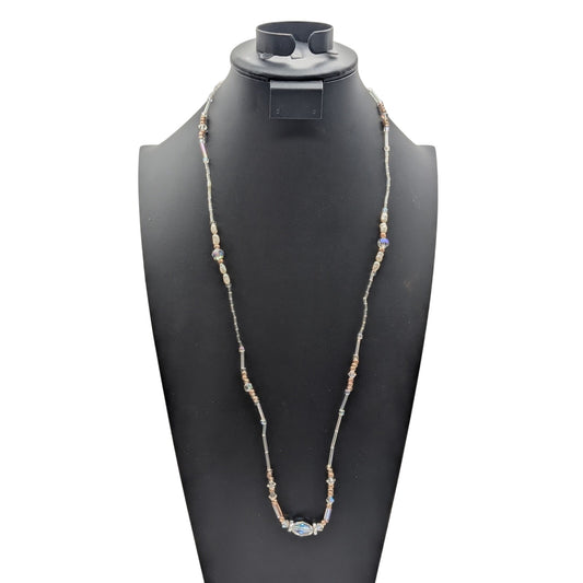 Vintage Crystal Rod Bead Freshwater Pearl Hook/Slide In Clasp 32" Necklace