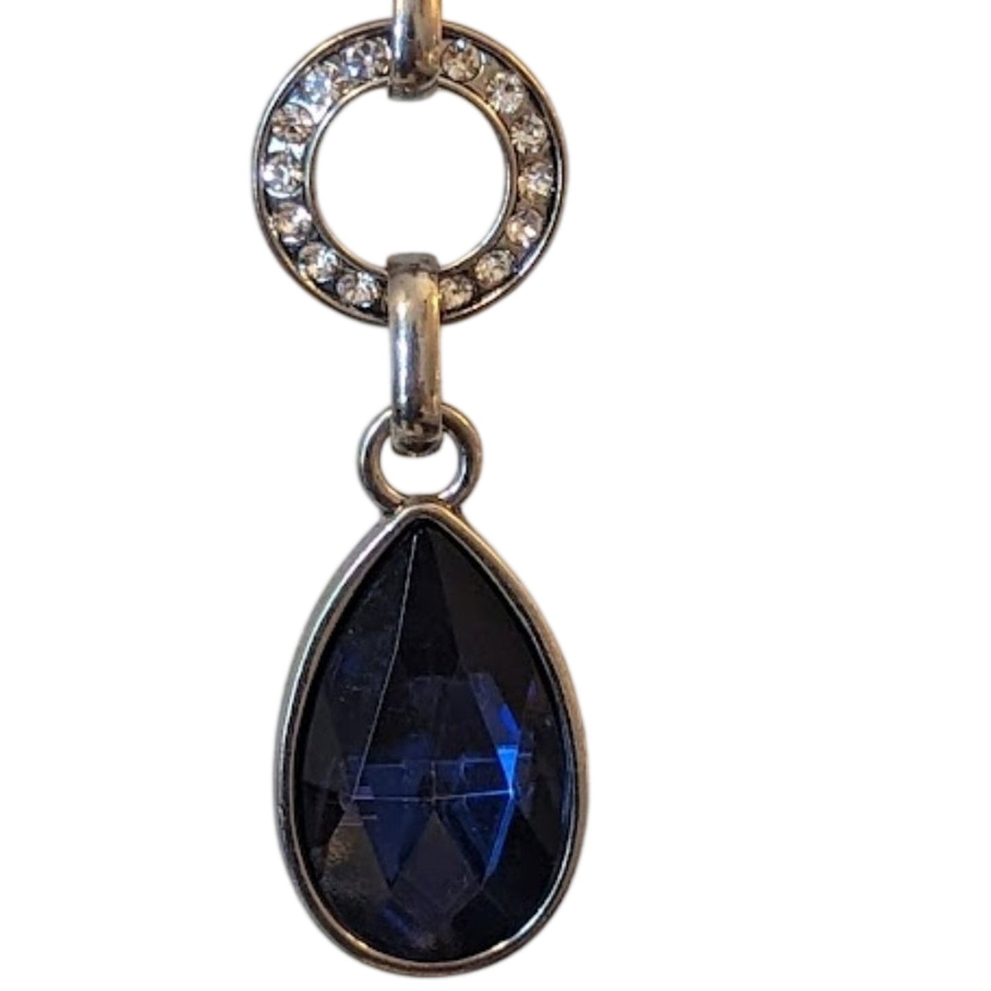 Blue Faceted Teardrop and Rhinestone Disc Pendant Necklace Silver Tone Chain 28"