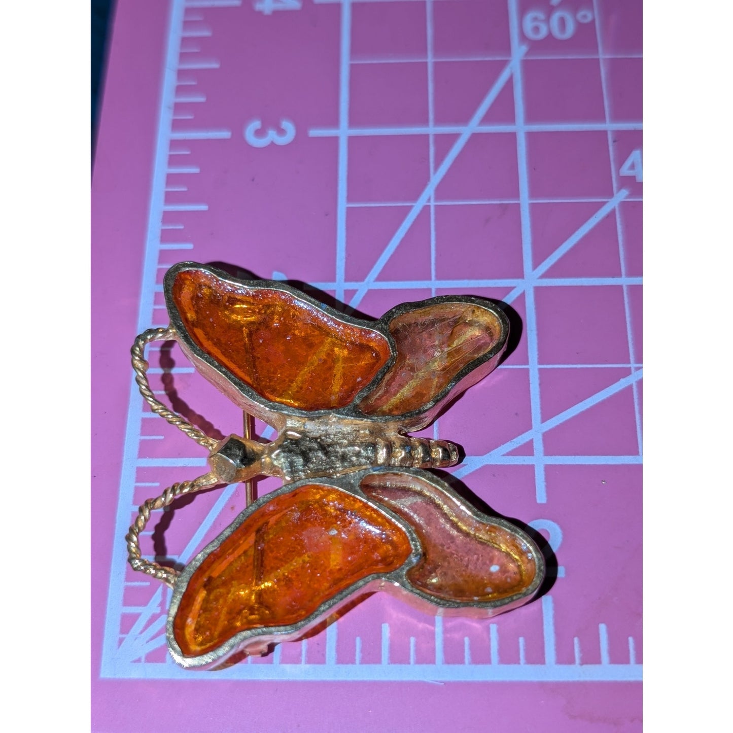 VTG Signed Mr. WE Stained Glass Resin Orange Yellow Gold Tone Butterfly Brooch