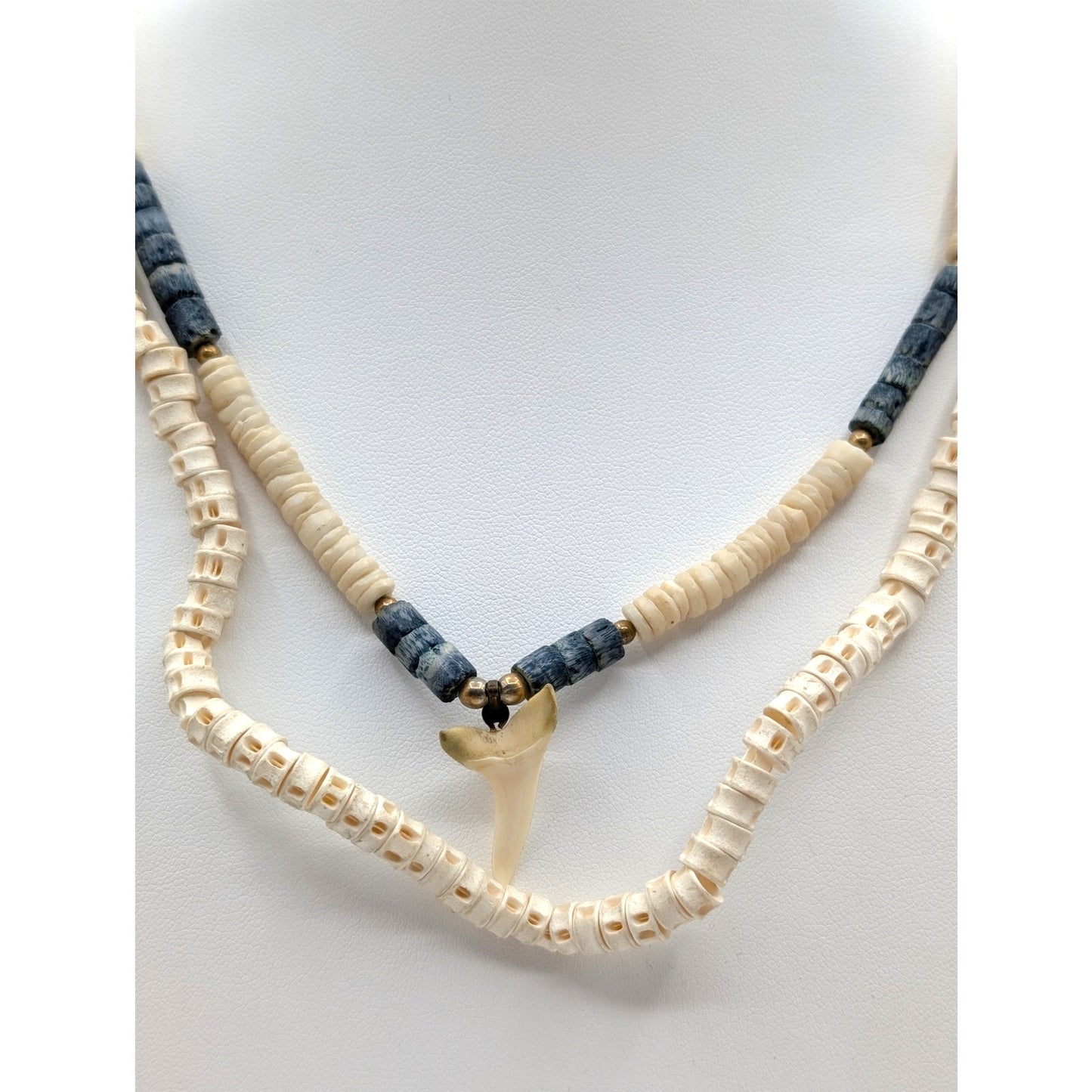 Lot of 2 Vtg Beachy Fish Vertebrae & Heishi Bead Tooth Barrel Clasp Necklaces