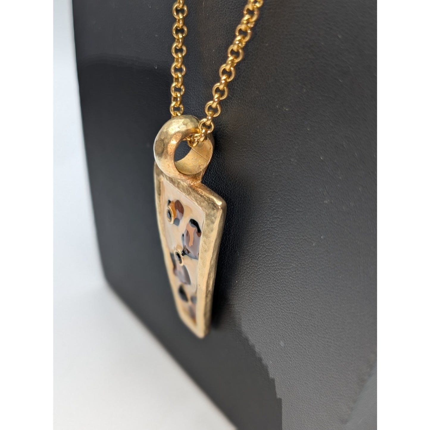 Hammered Gold Tone Animal Enamel Bezel Set Rhinestone Pendant 30" Necklace