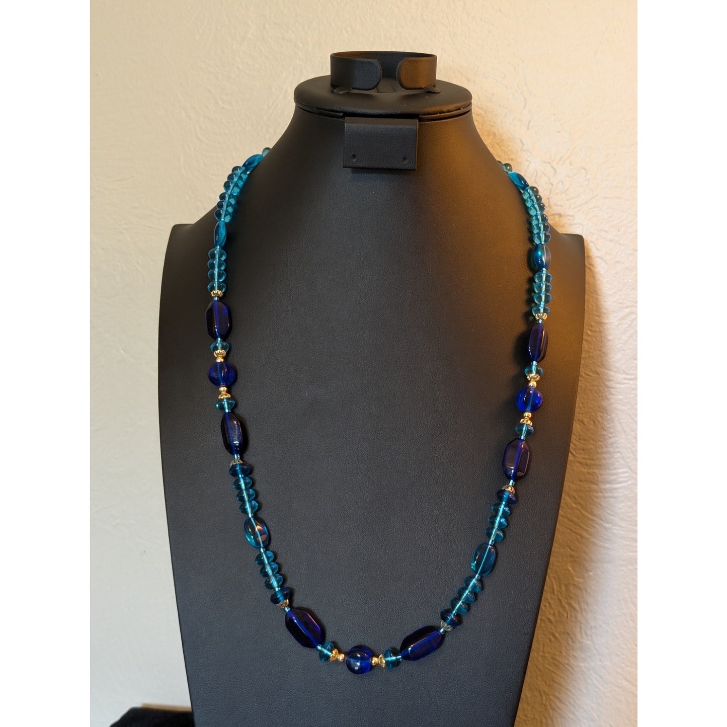 Vintage Multi Shades of Blue Beads Fish Hook Clasp Necklace