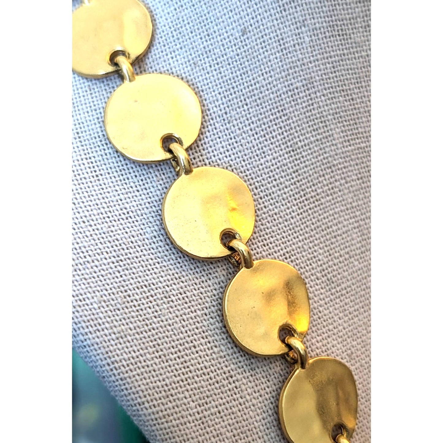 Premier Designs Satin Finish Gold Tone Hammered Disk Chain 28" Long Necklace