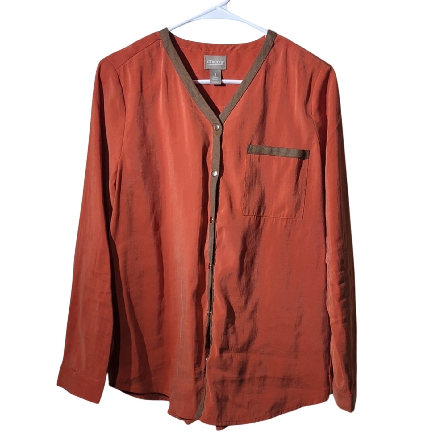 Chico's Burnt Orange Snap Front Blouse w/ Suede Like Trim Women's Sz 1 (Med.-8)