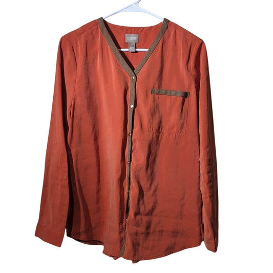 Chico's Burnt Orange Snap Front Blouse w/ Suede Like Trim Women's Sz 1 (Med.-8)
