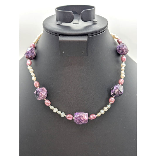 Lee Sands Purple Stone Freshwater Pearls Silver Tone Clasp 18" Necklace