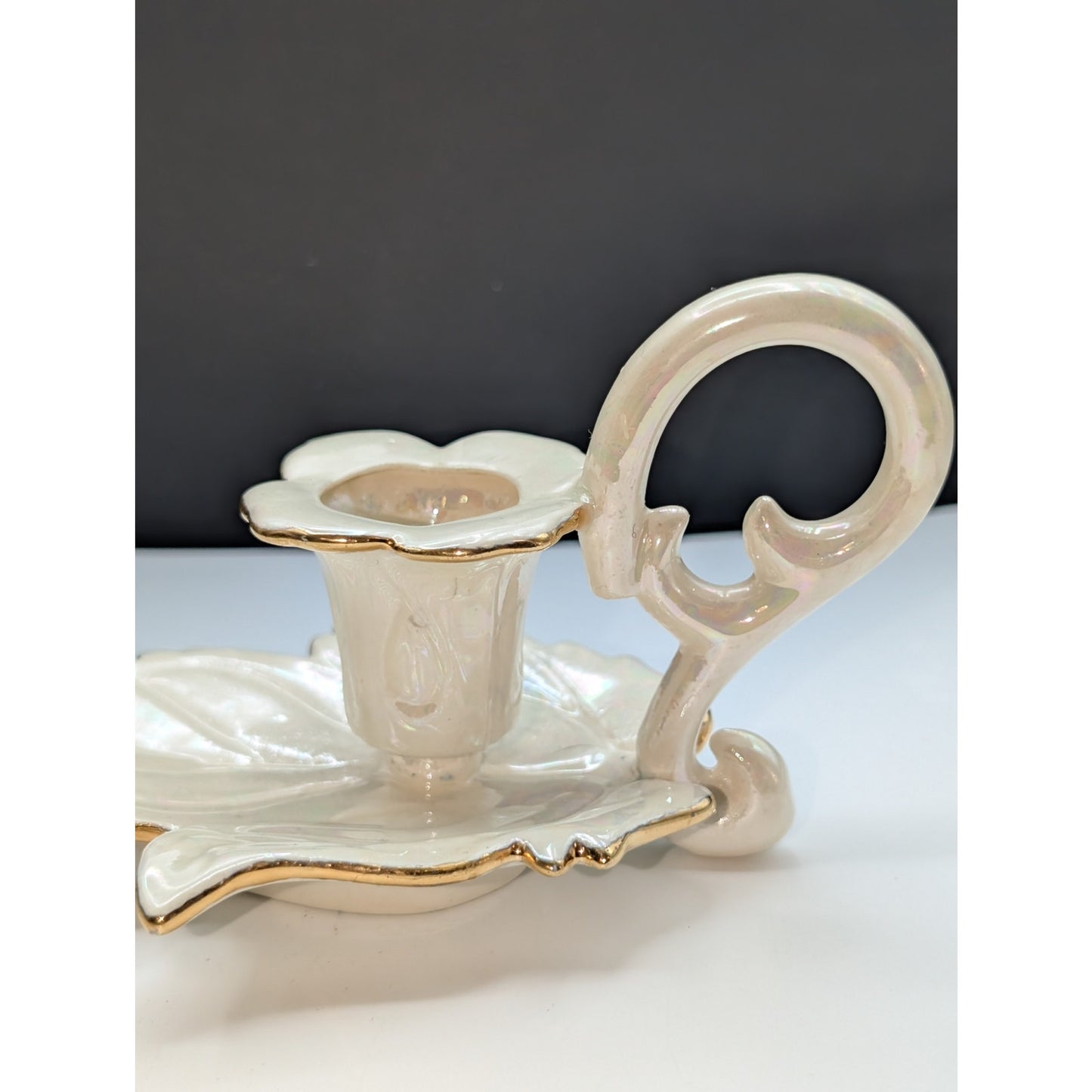 Vintage Signed 1953 Iridescent Cream Gold Trimmed Leaf Candle Holder