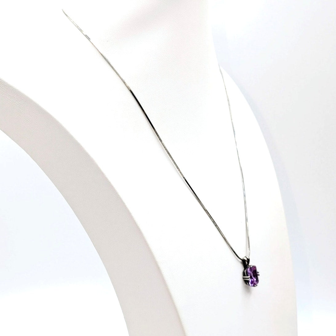 925 Sterling Silver Square Herringbone 20" Chain Lavender CZ Pendant Necklace