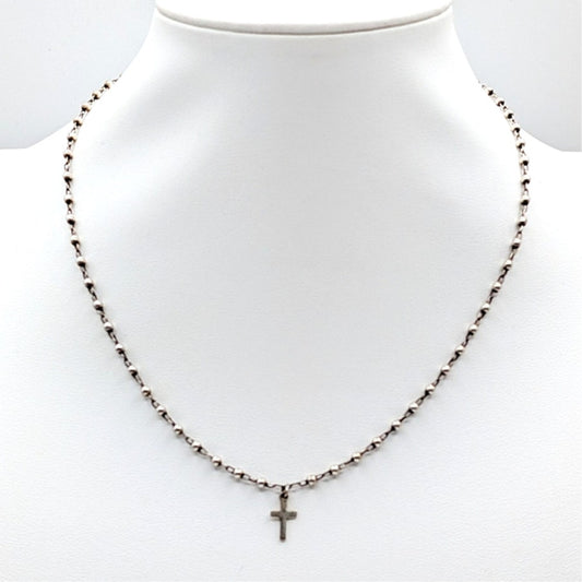 Vintage 925 Sterling Beaded Chain Tiny Cross Pendant Choker 16" Necklace