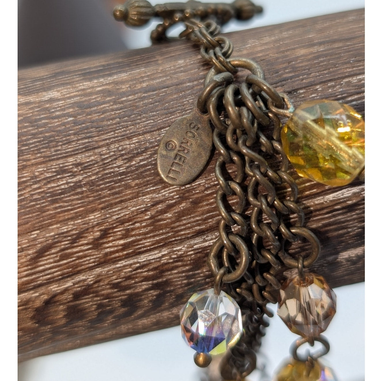 Vintage Signed Sorrelli Brass Genuine Crystal Multi Chain Toggle Clasp Bracelet