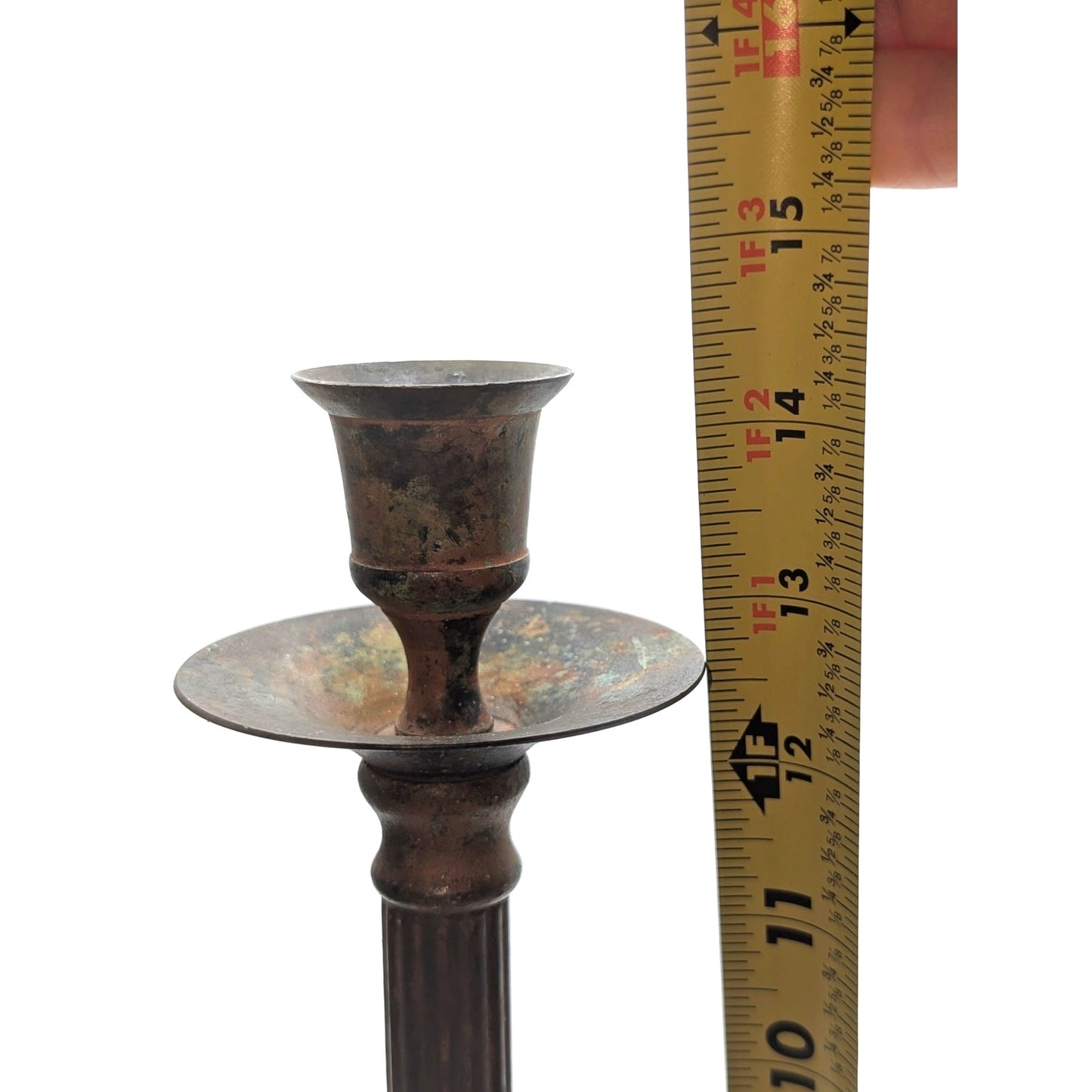 Aged Distressed Patina Pair of Metal Candlestick Holders (Candles Not Included)