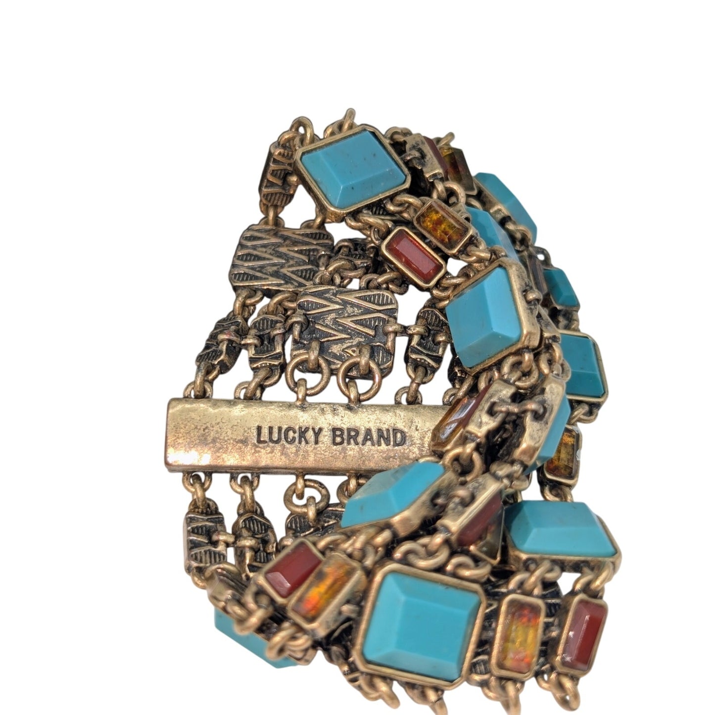 Lucky Brand Wide Magnetic Gold Tone Faux Turquoise Stone Multi-Strand Bracelet