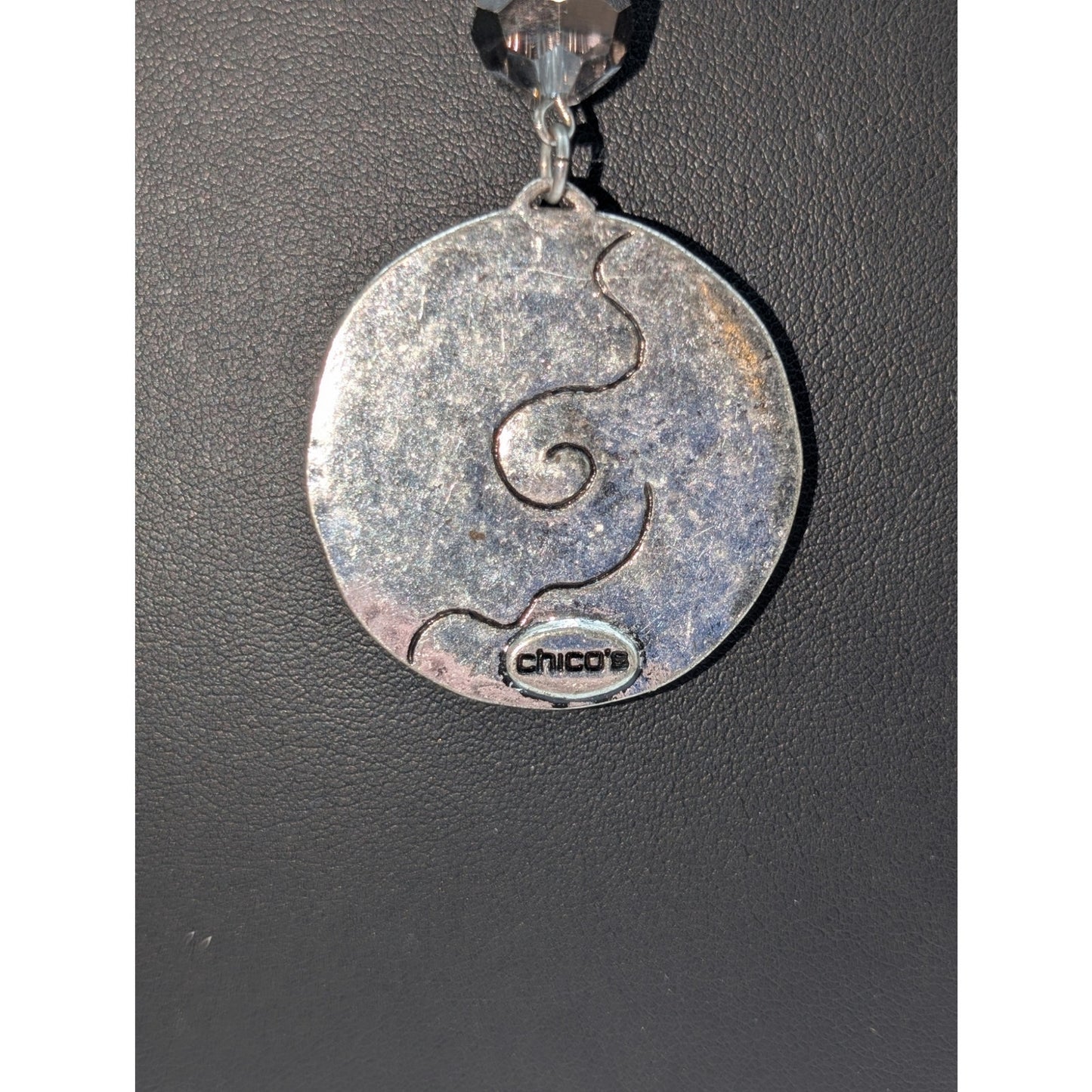 Chico's Silver Tone Metallic Crystal Gray Bead Y-Drop Medallion Pendant Necklace
