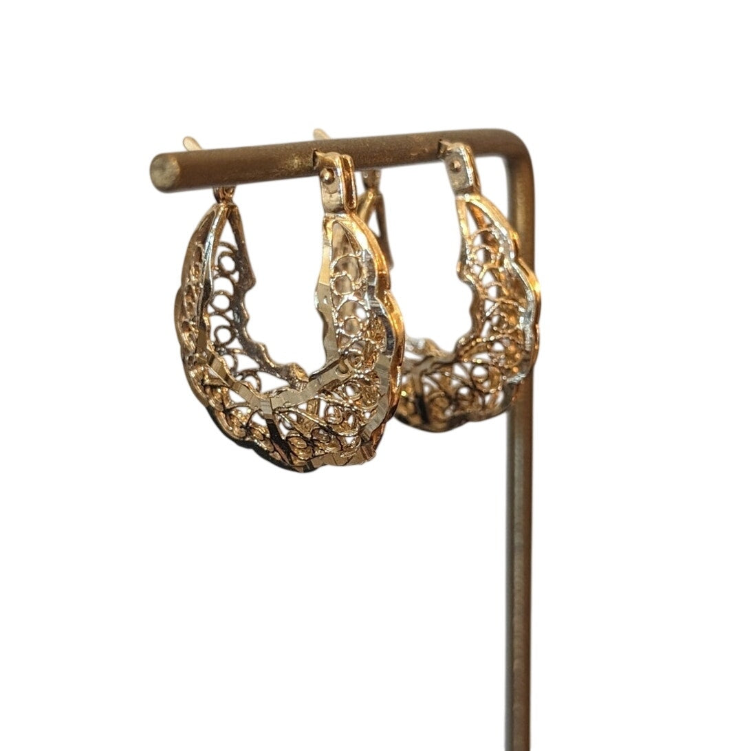 925 Sterling Silver Gold Vermeil Filigree Hoop Latch Down Pierced Earrings