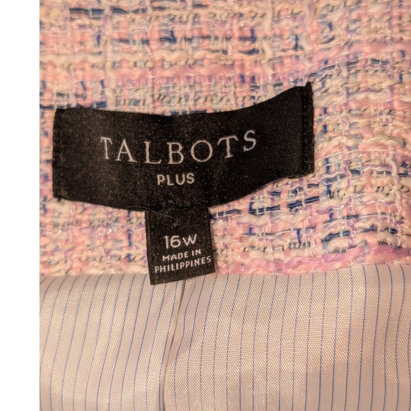 Talbots Blue Pink White Fringe Tweed Boxy 3/4 Sleeve Blazer Jacket Womens 16W