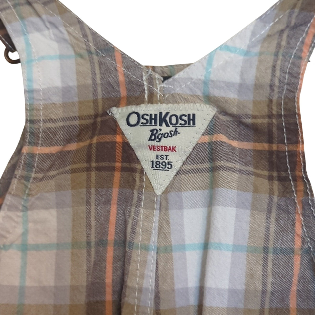 OshKosh B'Gosh Brown Plaid Bib Overall Vestbak Cotton Short Baby Size 12 Months