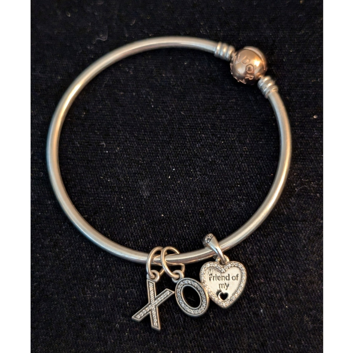 Pandora's Modern Classic Silver Bangle W/ Rose Metal Blend & Three Charms