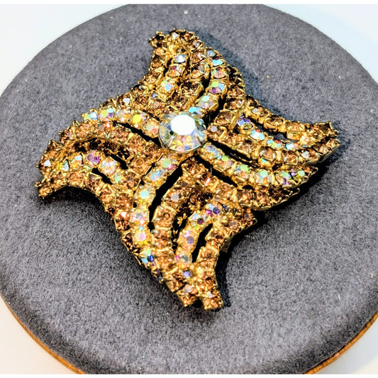 VTG 60s Kramer Gold Tone Vortex Wave Style Topaz & AB Rhinestone Pin Brooch