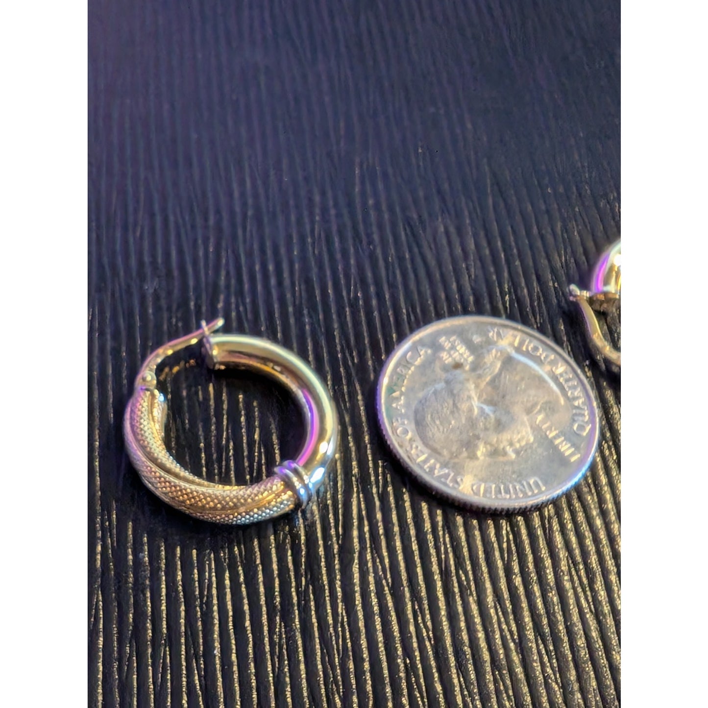 18K Italian Yellow Gold (White Gold Bands) Textured Polished Hoop Earrings
