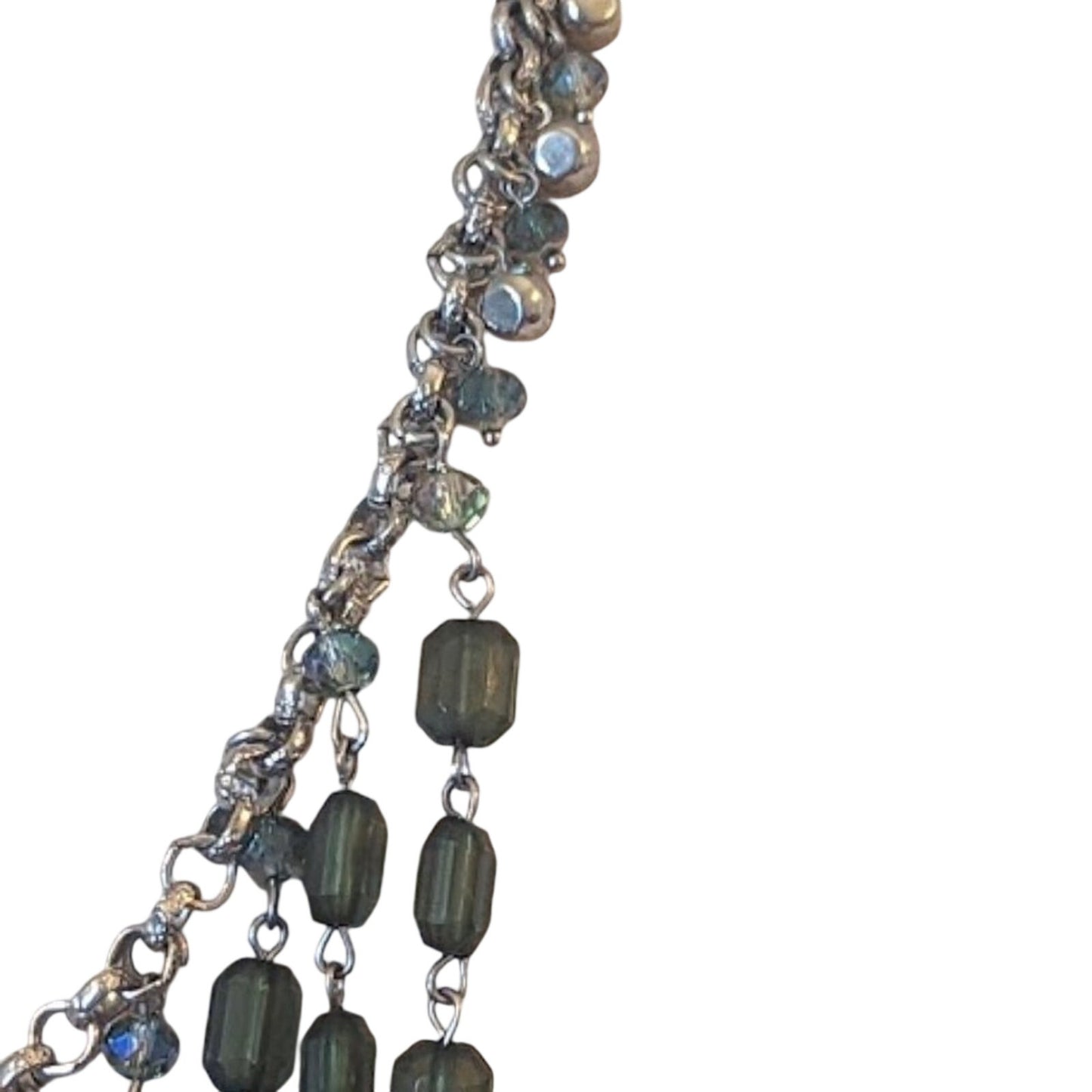 Cascading Bibbed Green Bead Silver Tone Statement Necklace