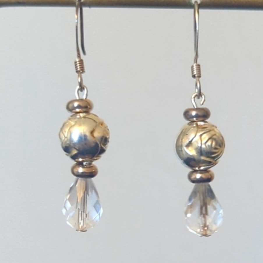 Handmade Crystal Briolette Silver Tone Rose Bead French Wire Dangle Earrings