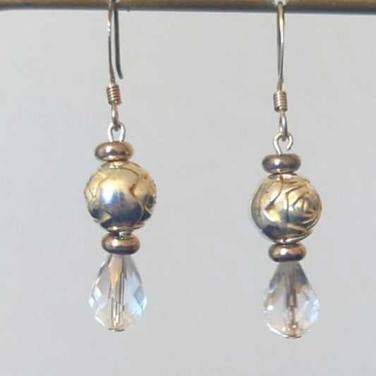 Handmade Crystal Briolette Silver Tone Rose Bead French Wire Dangle Earrings