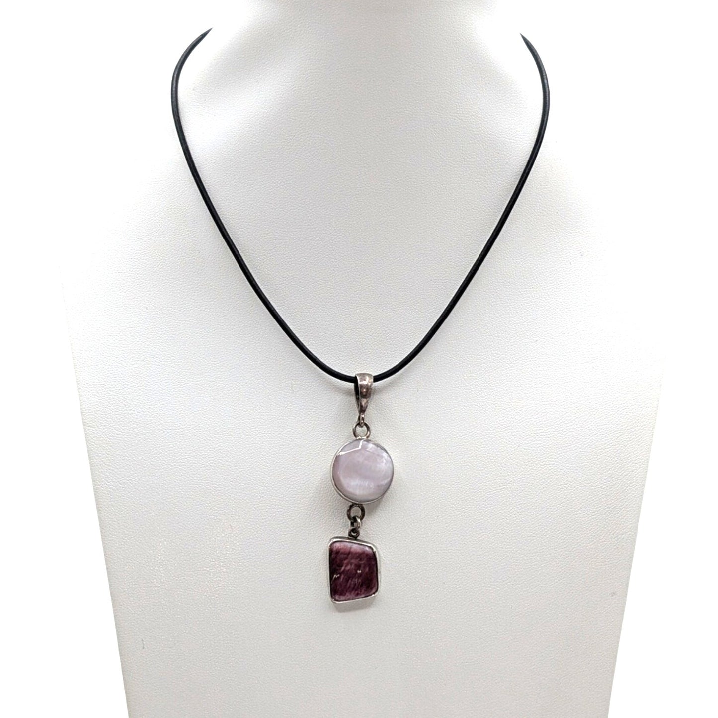 Vtg 925 Sterling Silver Pink Mother of Pearl & Purple Spiny Oyster Cord Necklace