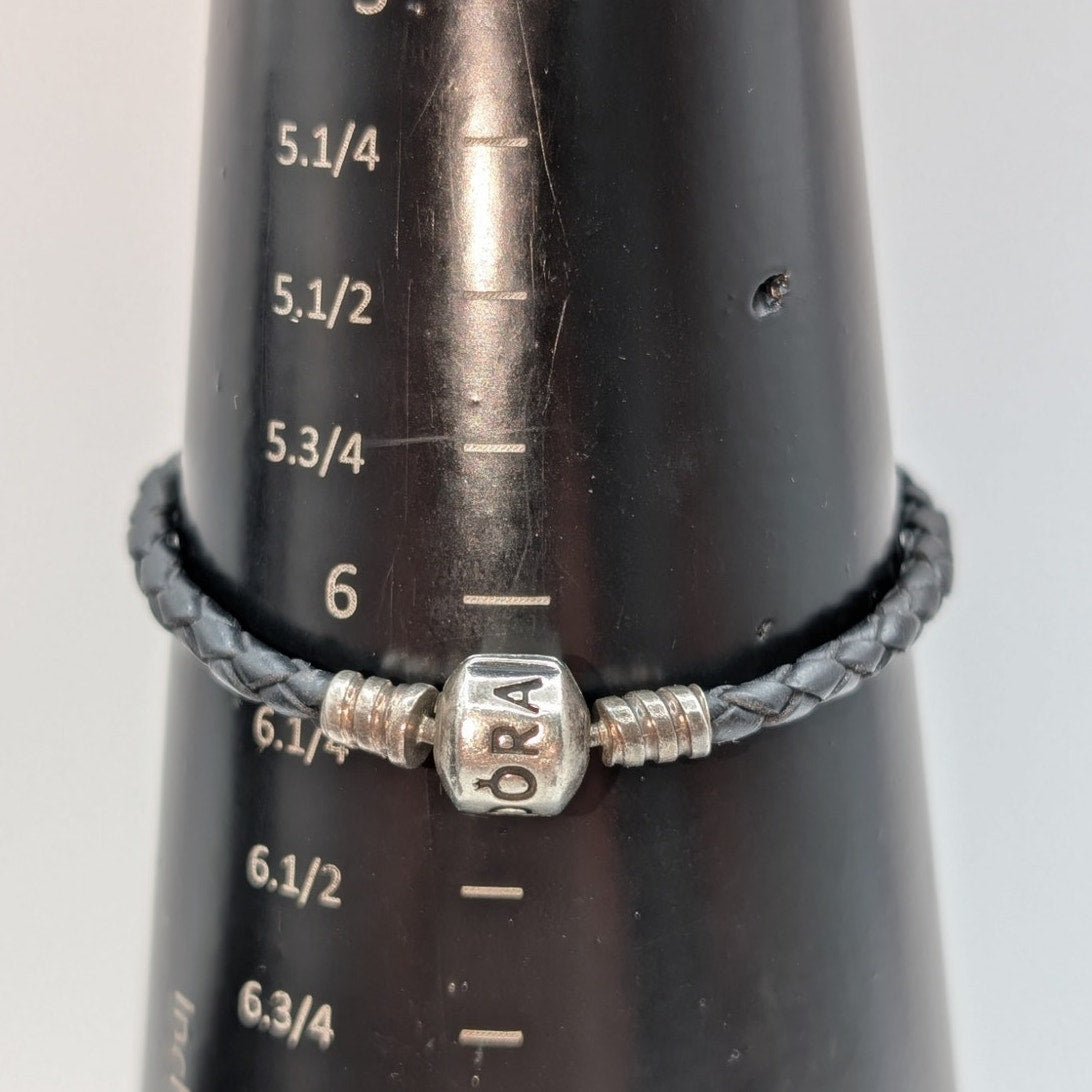 Vtg Pandora ALE Braided Black Leather 925 Sterling Silver Barrel Clasp Bracelet