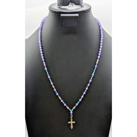 Lavender Blue Glass Bead 925 Sterling Cross 23" Necklace