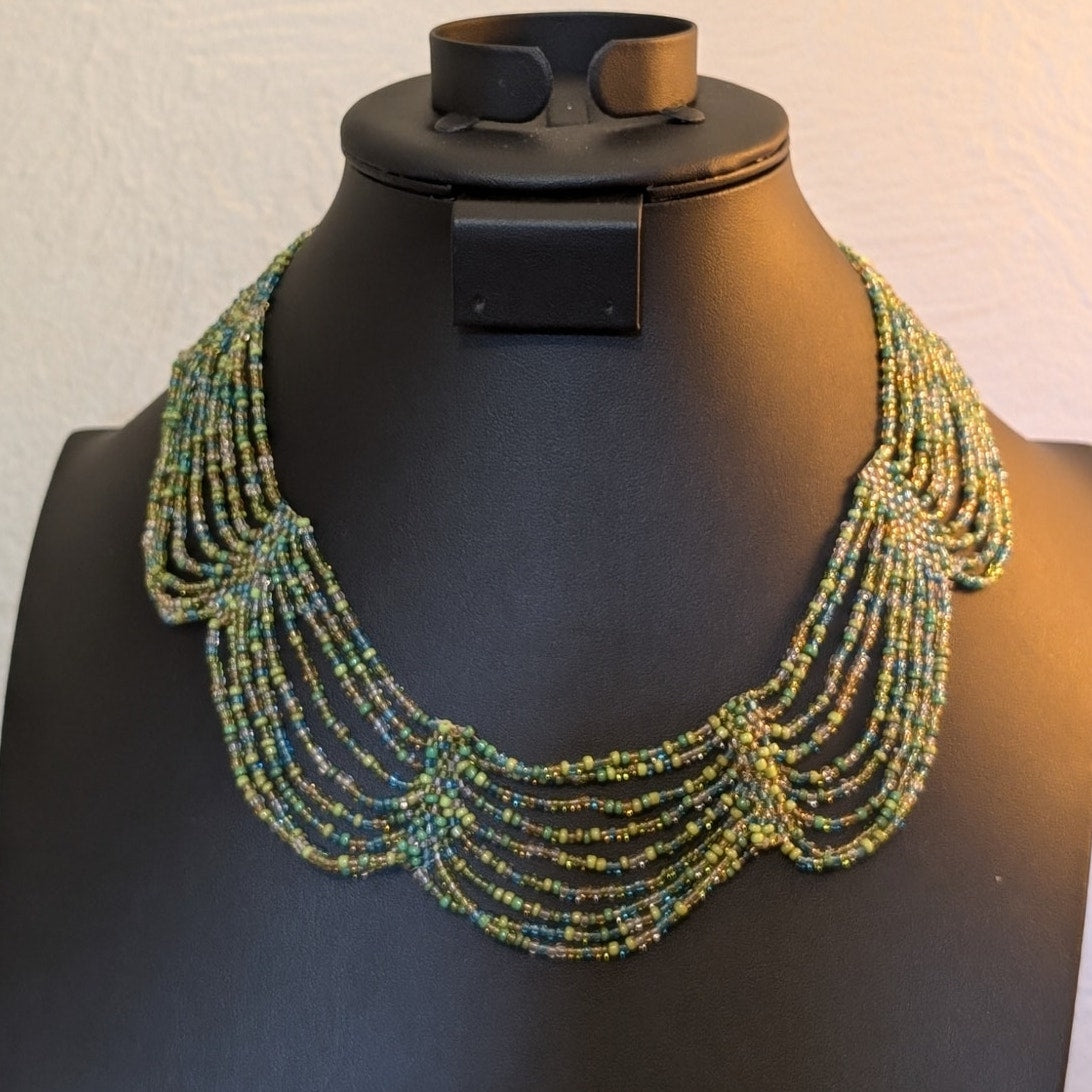 Hand Made Green Blue Seed Bead Multi-Strand Collar Necklace