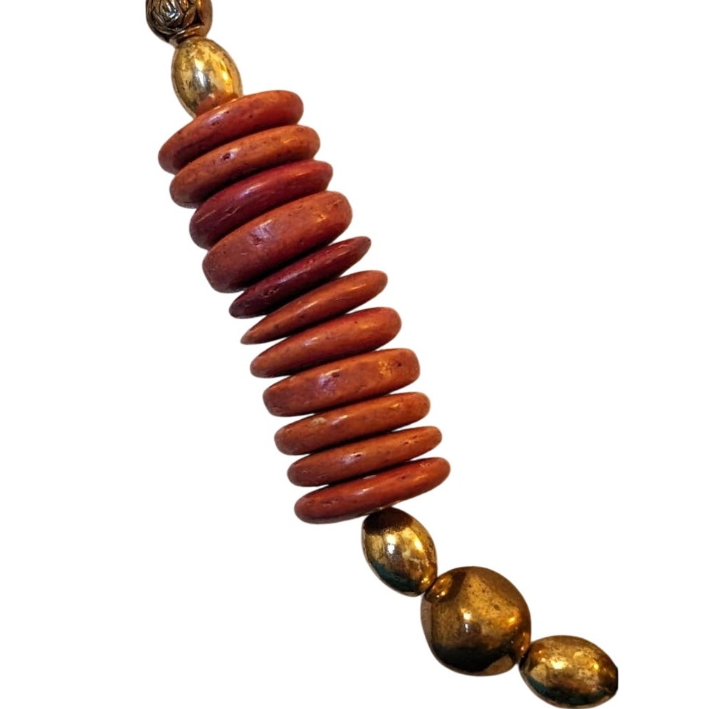 Vintage Tribal Red Coco Wood Gold Tone Rose Bead Hook Closure Necklace