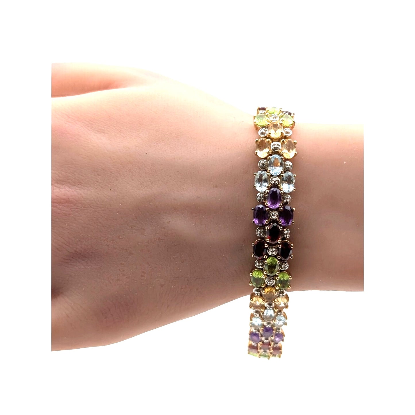 Vintage 925 Sterling Silver Gold Vermeil Multi Gemstone Tennis Bracelet